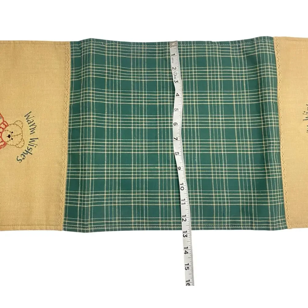 Vintage table runner for side table that reads “Warm Wishes” w teddy bear design